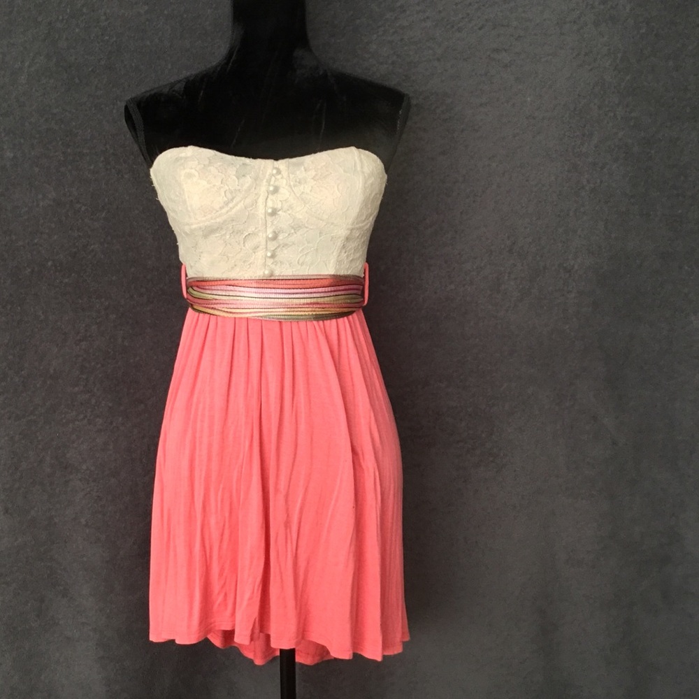 Pretty cream and coral strapless dress